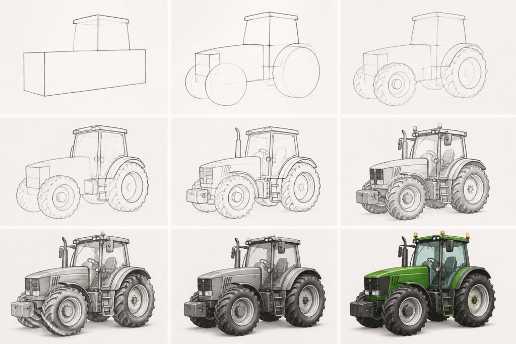 apprenez à dessiner un tracteur facilement grâce à notre guide étape par étape, idéal pour débutants et passionnés d'art. suivez nos conseils pour créer un dessin précis et réaliste.