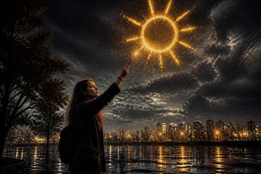 découvrez une poésie touchante qui célèbre l'espoir au cœur des tempêtes, où elle viendra un jour de pluie dessiner le soleil et illuminer les ténèbres.