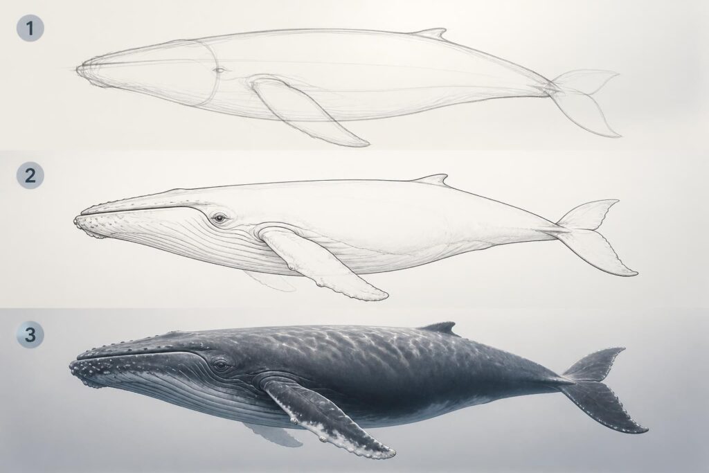 apprenez à dessiner une baleine facilement grâce à nos étapes simples pour un dessin réaliste, idéal pour débutants et amateurs d'art.