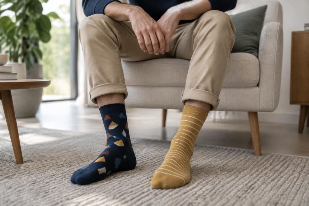 affirmez votre originalité avec nos chaussettes dépareillées et asymétriques pour homme : des motifs audacieux pour un style unique au quotidien.