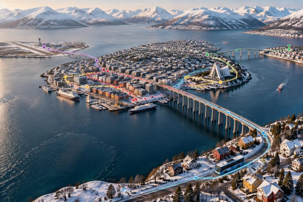 découvrez tromsø grâce à notre carte touristique : sites incontournables, lignes de bus et accès depuis l’aéroport pour organiser facilement votre visite.